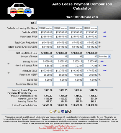 Auto Lease Payment Comparison Calculator