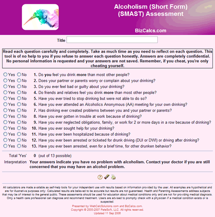 Alcoholism (Short Form) (SMAST) Assessment