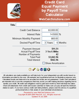 Credit Card Equal Payment by Payoff Time Calculator