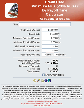 Credit Card Minimum Plus (2006 Rules) by Payoff Time Calculator