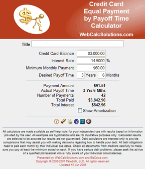 Credit Card Equal Payment by Payoff Time Calculator