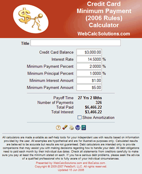 Credit Card Minimum Payment (2006 Rules) Calculator