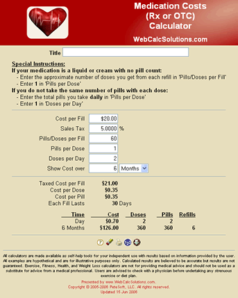 Medication Costs (Rx or OTC) Calculator