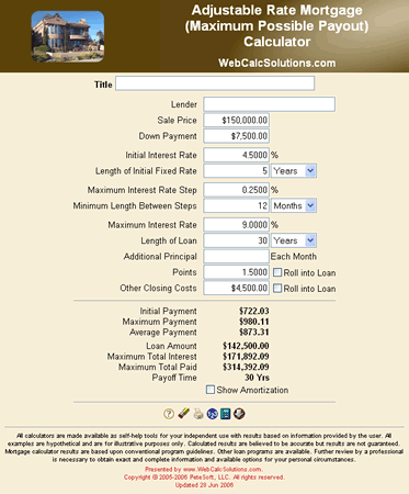 Adjustable Rate Mortgage (Maximum Possible Payout) Calculator