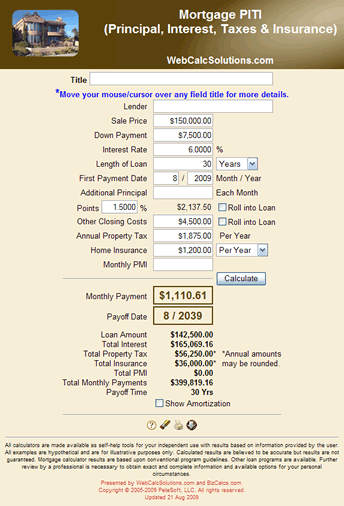 Mortgage PITI (Principal, Interest, Taxes & Insurance) Calculator