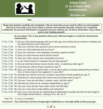 Gifted Child (2 to 4 Years Old) Assessment